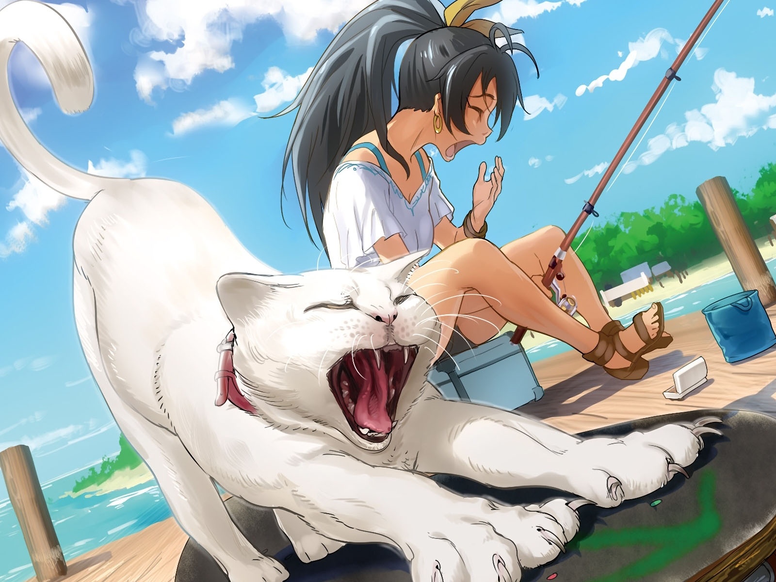 The Idolmaster Ganaha Hibiki Girl Cat Yawning Fishing Pier