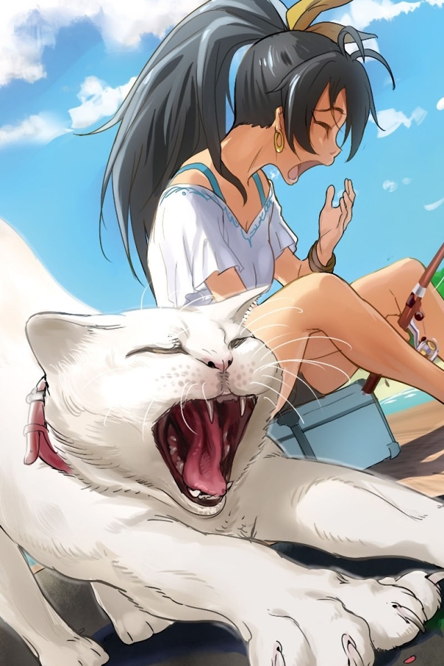 The Idolmaster Ganaha Hibiki Girl Cat Yawning Fishing Pier