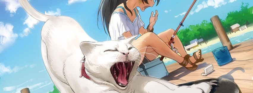 The Idolmaster Ganaha Hibiki Girl Cat Yawning Fishing Pier