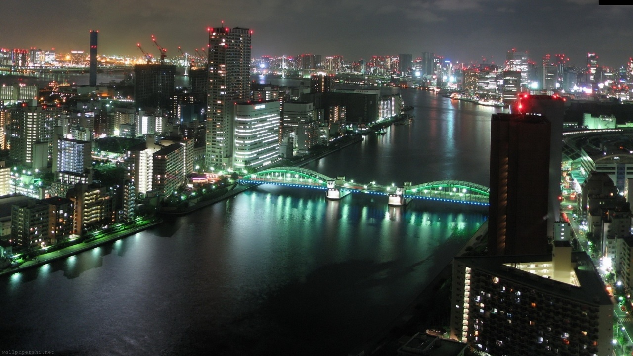 Tokyo Bridge River Building Night City Landscape