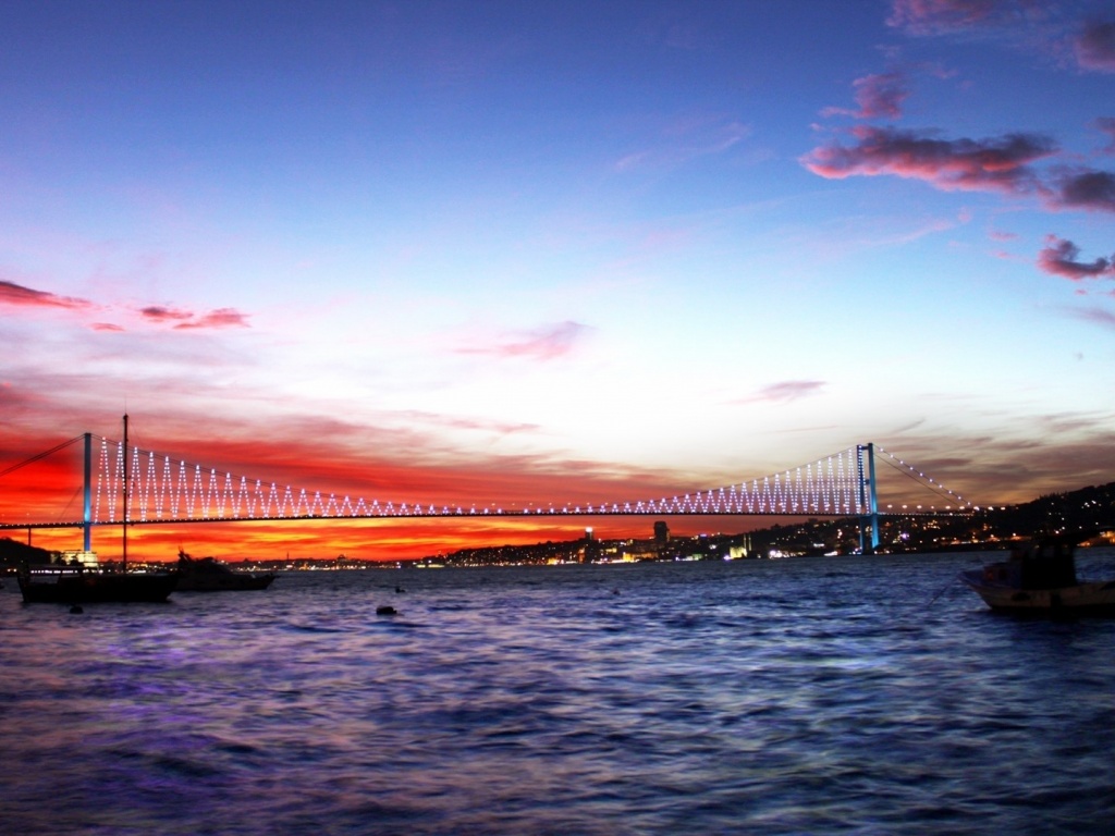 Turkey Sea Bridge Night Lights City Landscape