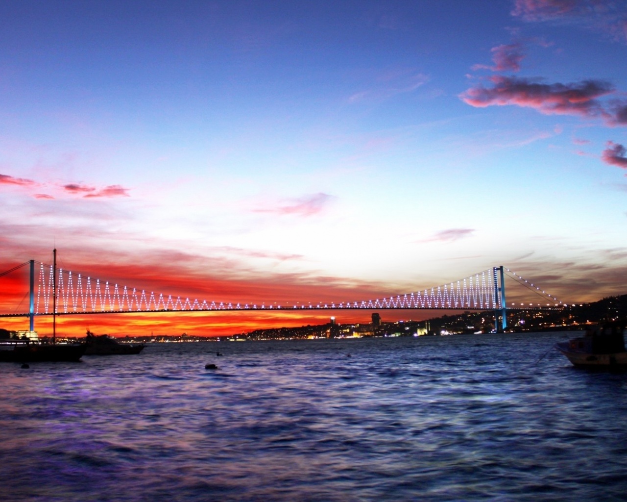 Turkey Sea Bridge Night Lights City Landscape