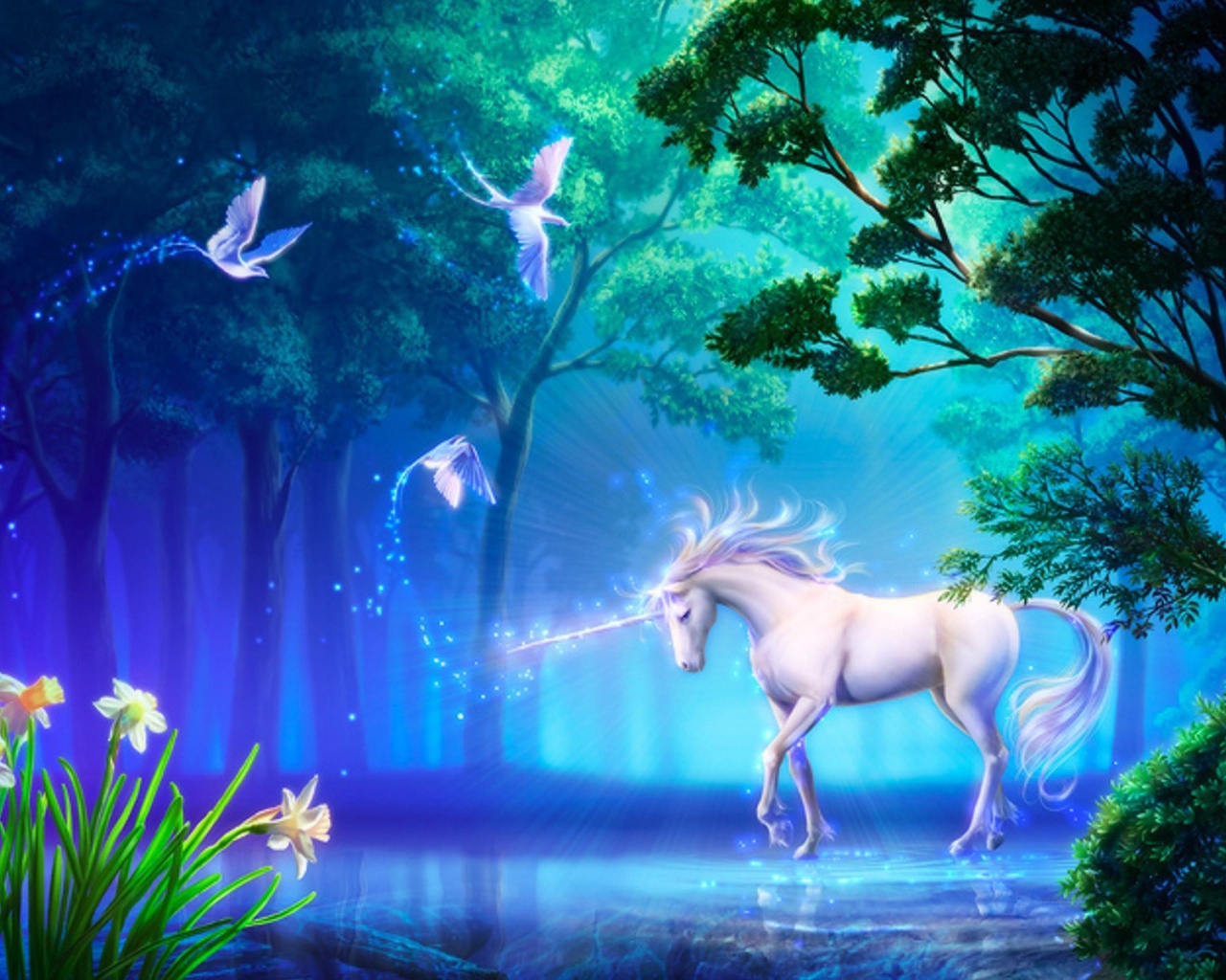 Unicorn In Fantasy Magic Forest