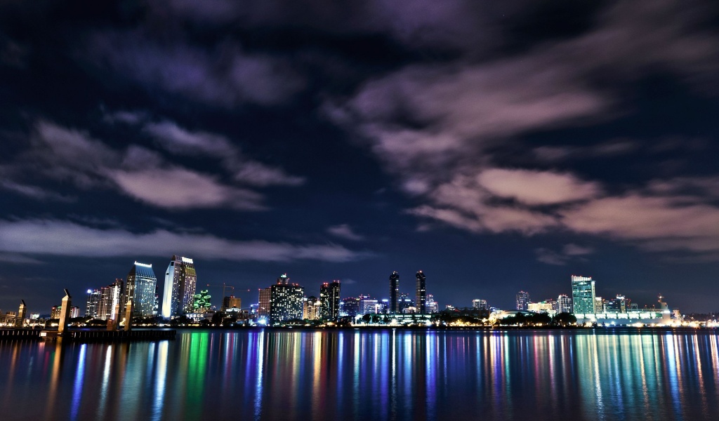 Usa California San Diego Downtown Night Buildings Lights Reflection