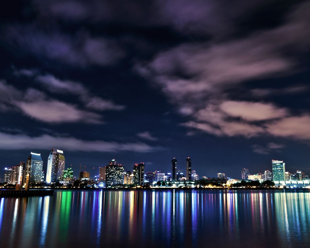 Usa California San Diego Downtown Night Buildings Lights Reflection