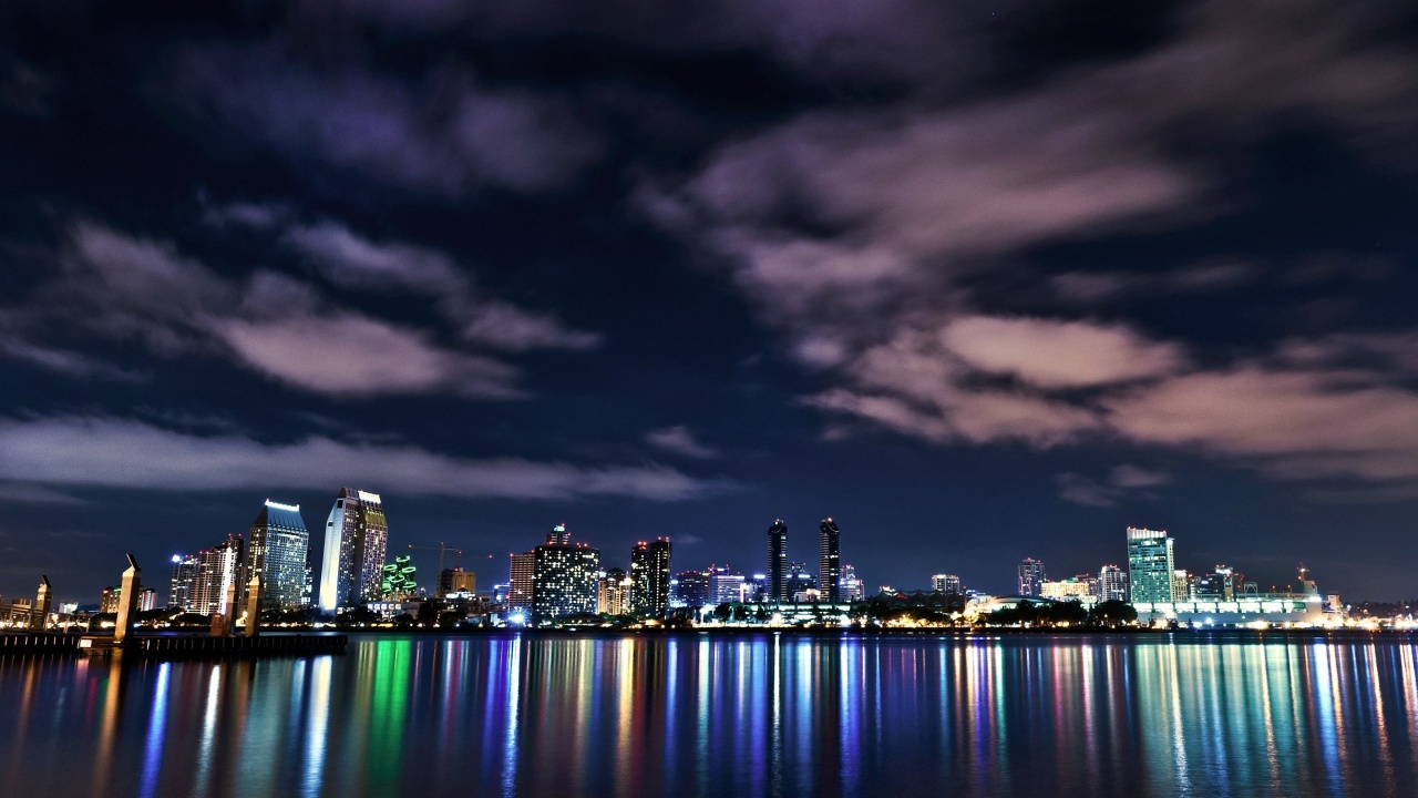 Usa California San Diego Downtown Night Buildings Lights Reflection