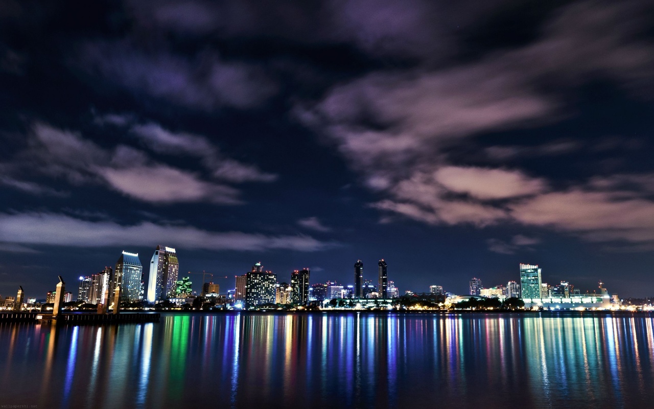 Usa California San Diego Downtown Night Buildings Lights Reflection