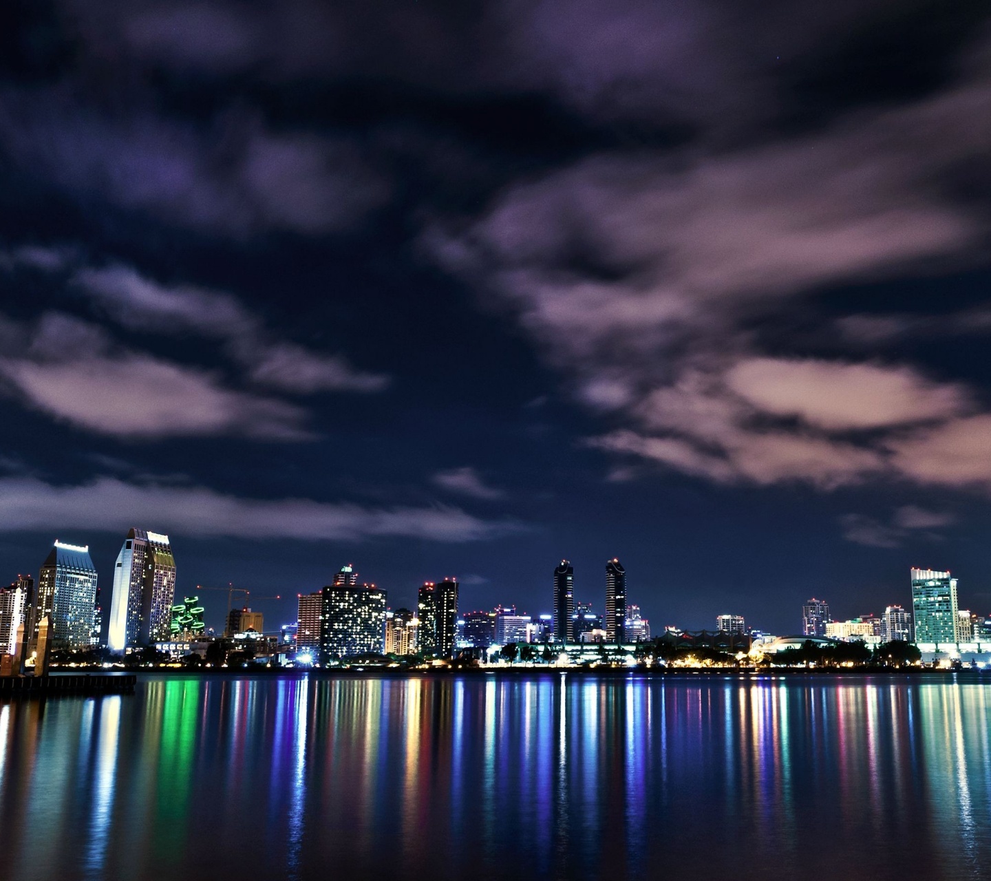 Usa California San Diego Downtown Night Buildings Lights Reflection