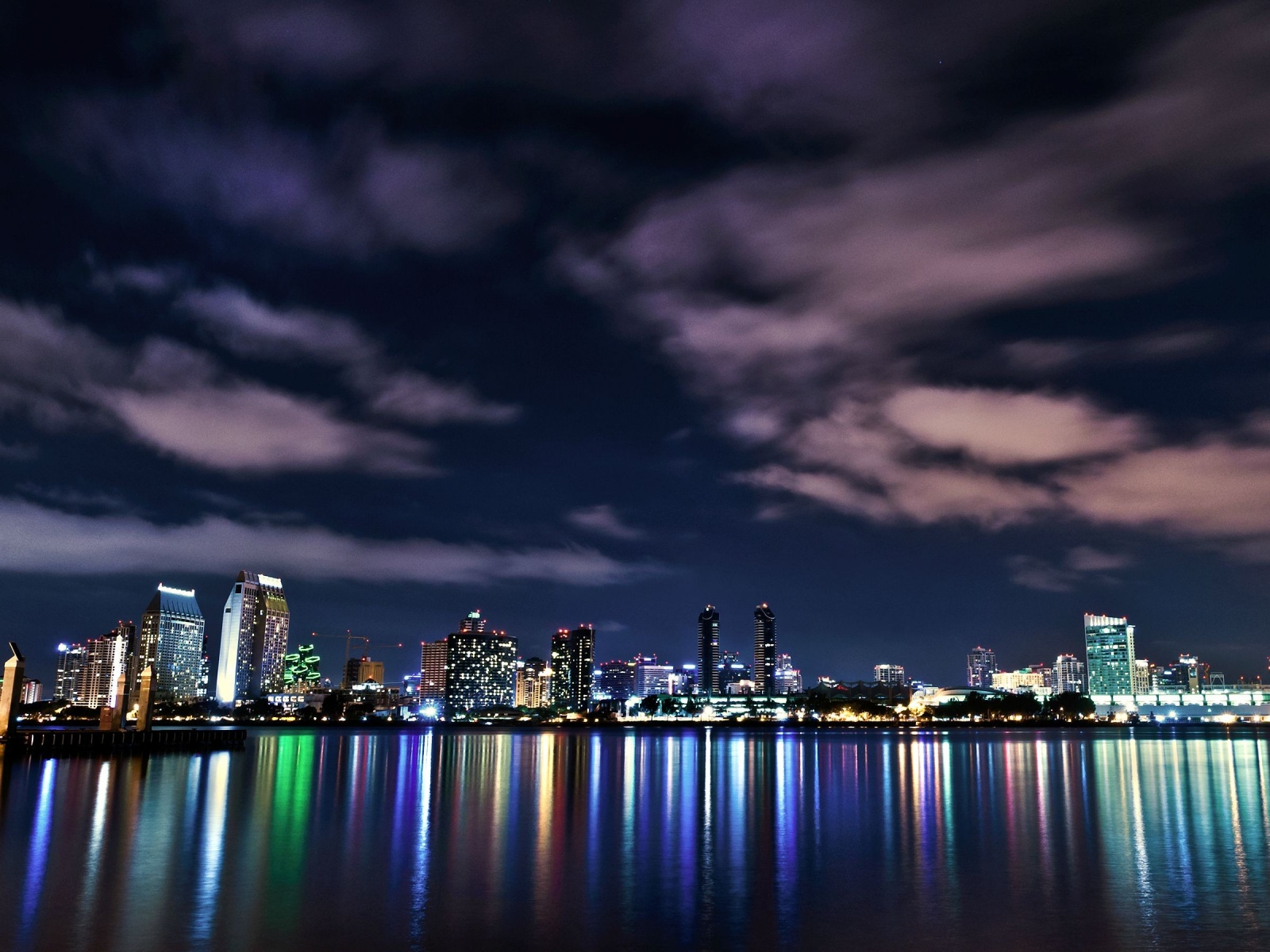 Usa California San Diego Downtown Night Buildings Lights Reflection