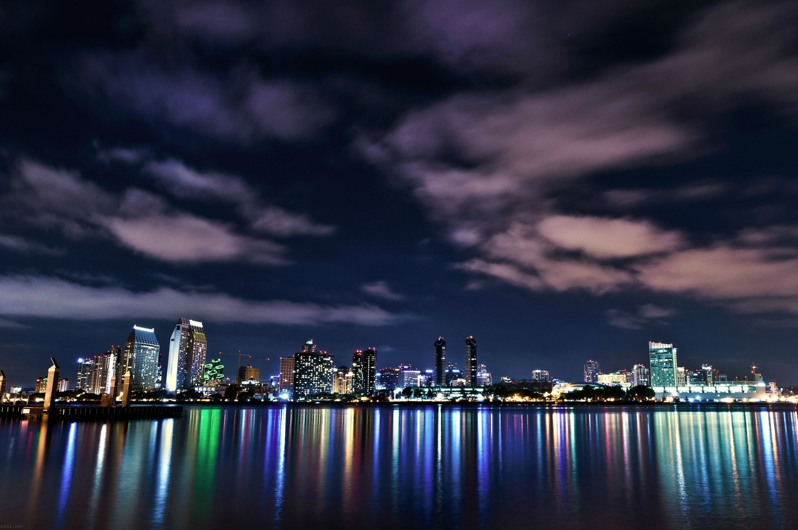 Usa California San Diego Downtown Night Buildings Lights Reflection