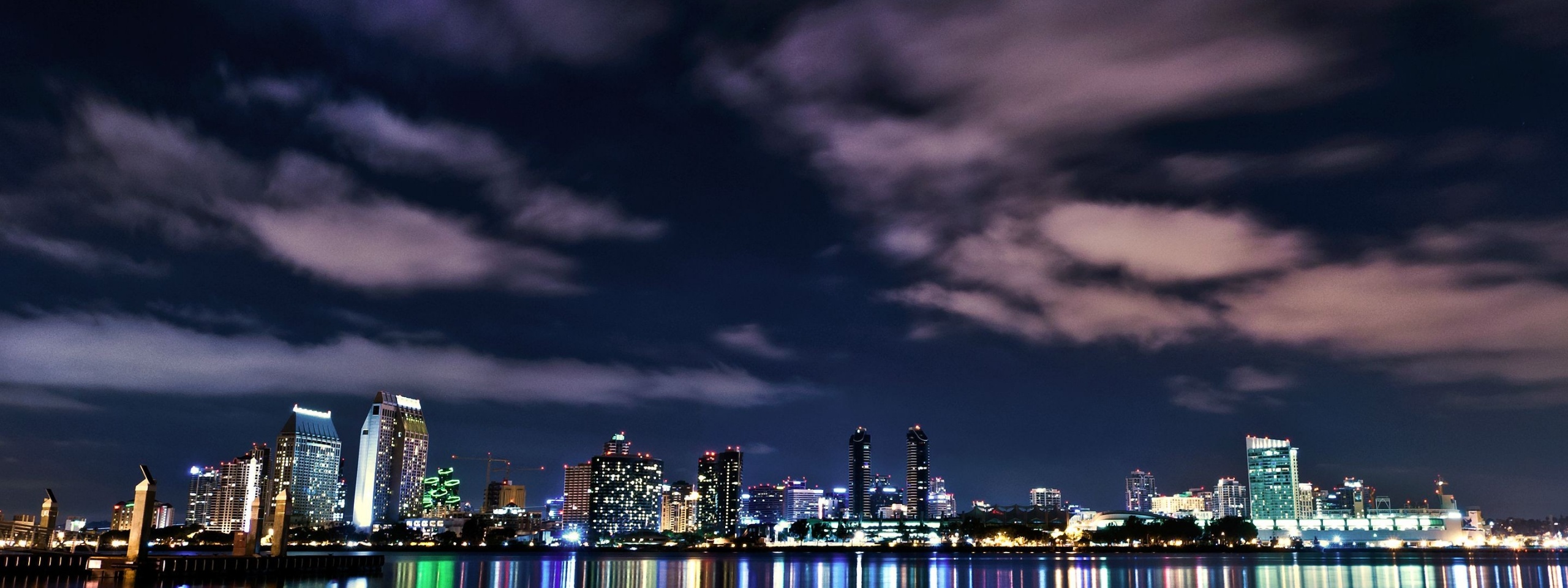 Usa California San Diego Downtown Night Buildings Lights Reflection