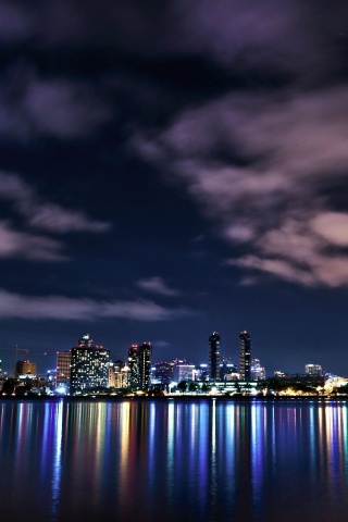 Usa California San Diego Downtown Night Buildings Lights Reflection