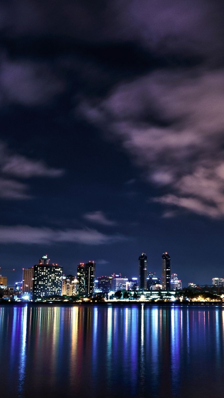 Usa California San Diego Downtown Night Buildings Lights Reflection