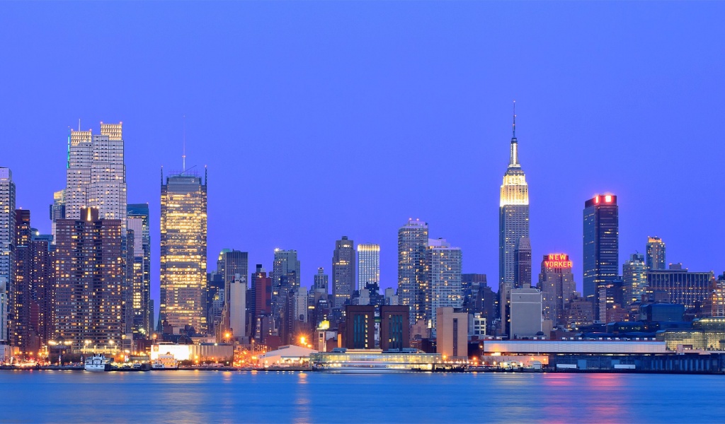 Usa New York Metropolis Buildings Skyscrapers Night Lights River