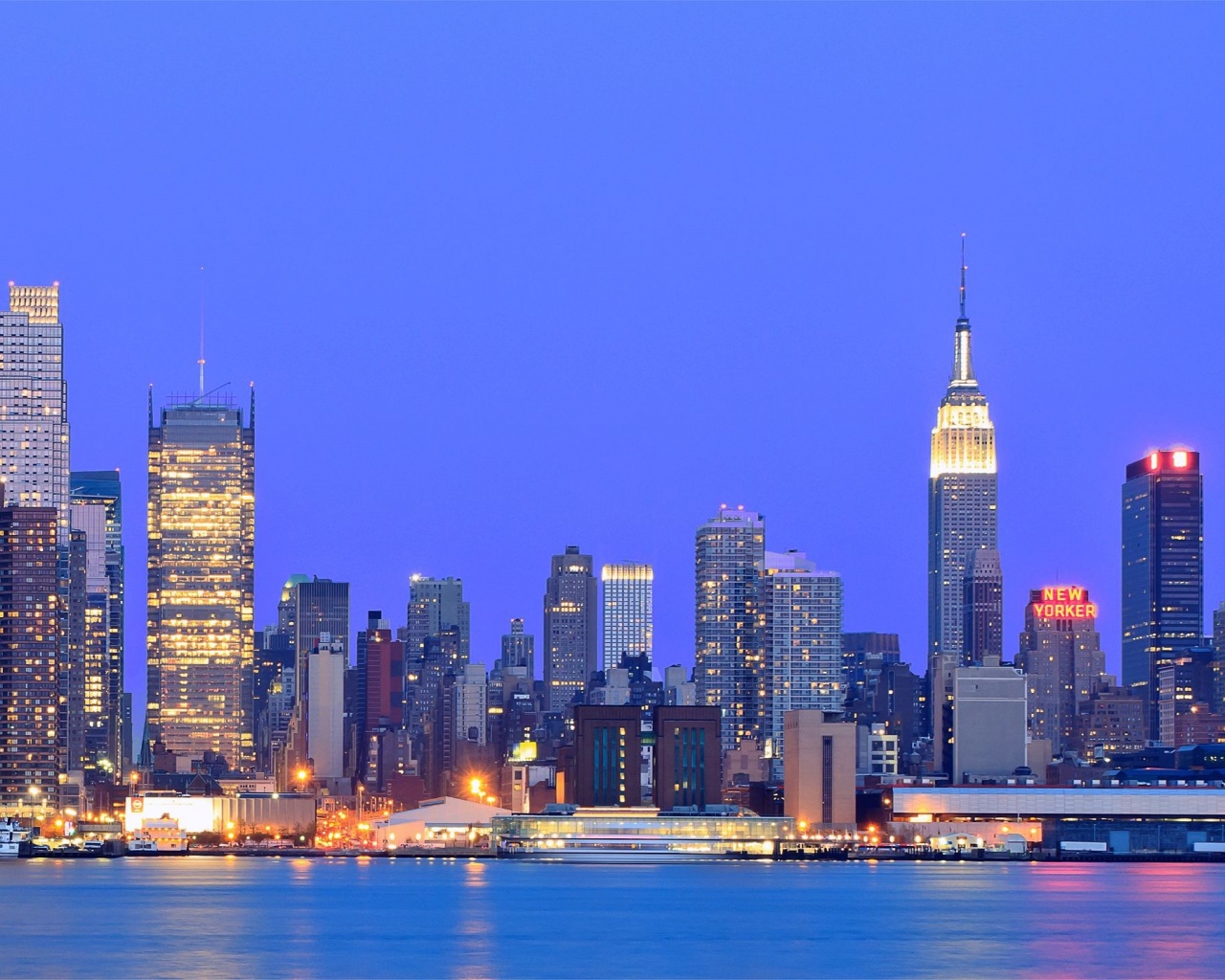 Usa New York Metropolis Buildings Skyscrapers Night Lights River