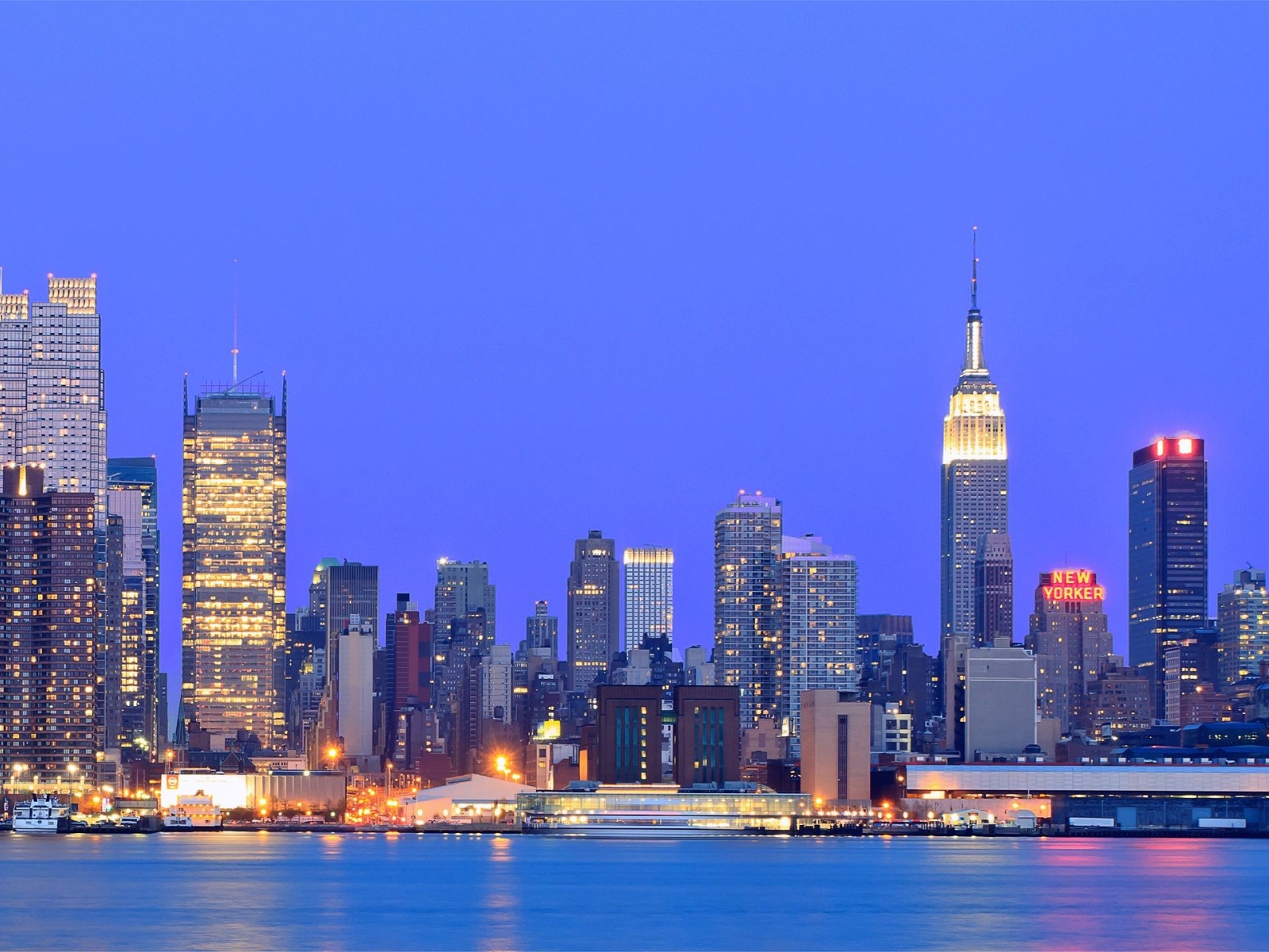 Usa New York Metropolis Buildings Skyscrapers Night Lights River