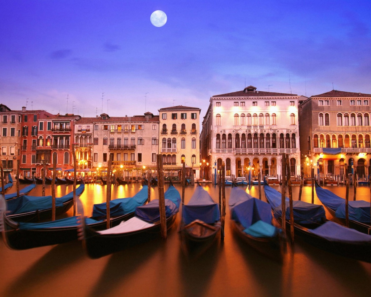 Venice Italia Italy City Water Night Moon Buildings Houses Gondolas Boats Water River Canal Lighting Lights Reflection