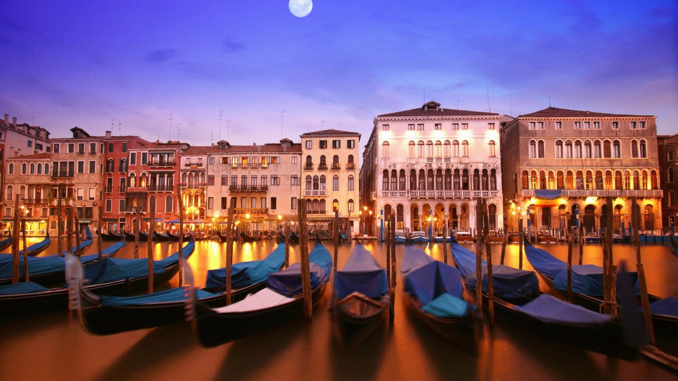 Venice Italia Italy City Water Night Moon Buildings Houses Gondolas Boats Water River Canal Lighting Lights Reflection