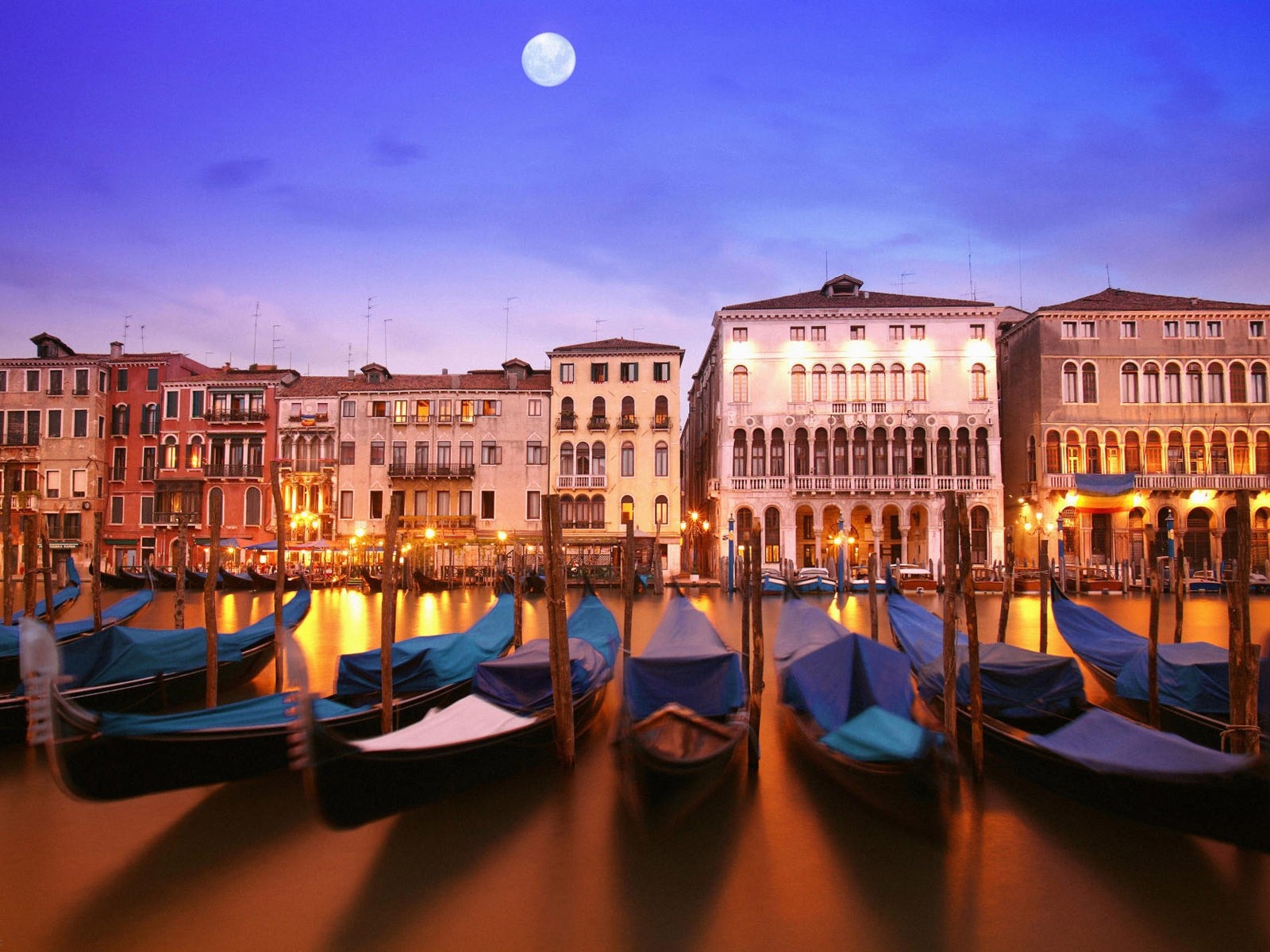 Venice Italia Italy City Water Night Moon Buildings Houses Gondolas Boats Water River Canal Lighting Lights Reflection