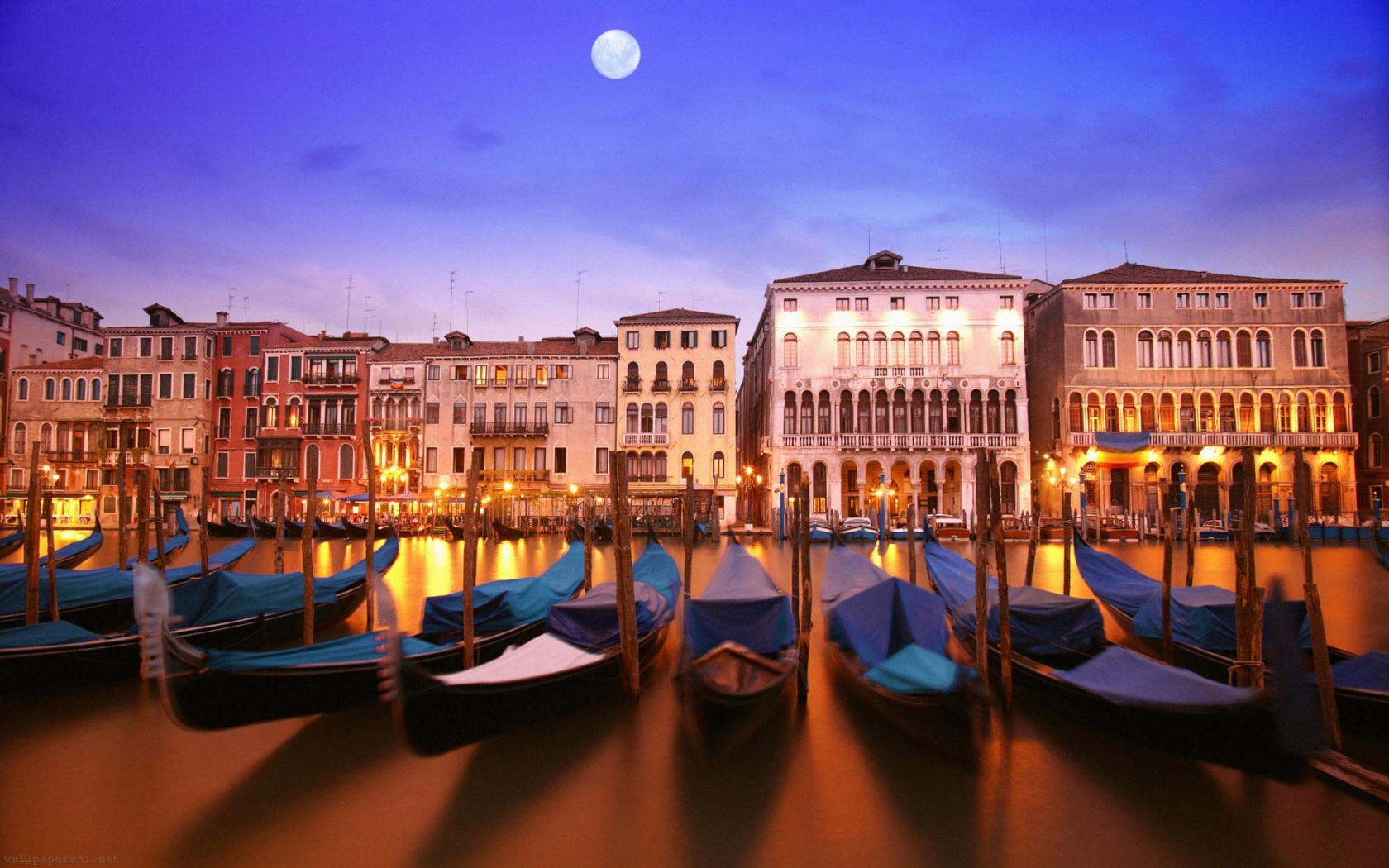 Venice Italia Italy City Water Night Moon Buildings Houses Gondolas Boats Water River Canal Lighting Lights Reflection