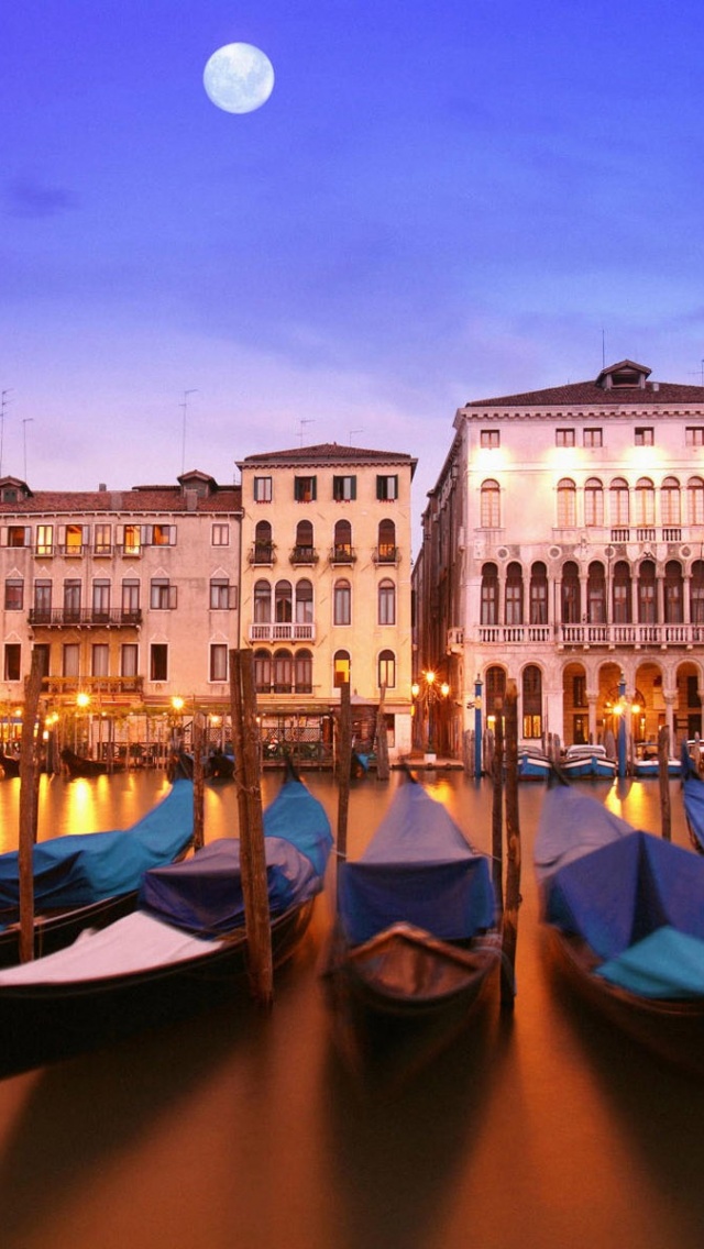 Venice Italia Italy City Water Night Moon Buildings Houses Gondolas Boats Water River Canal Lighting Lights Reflection