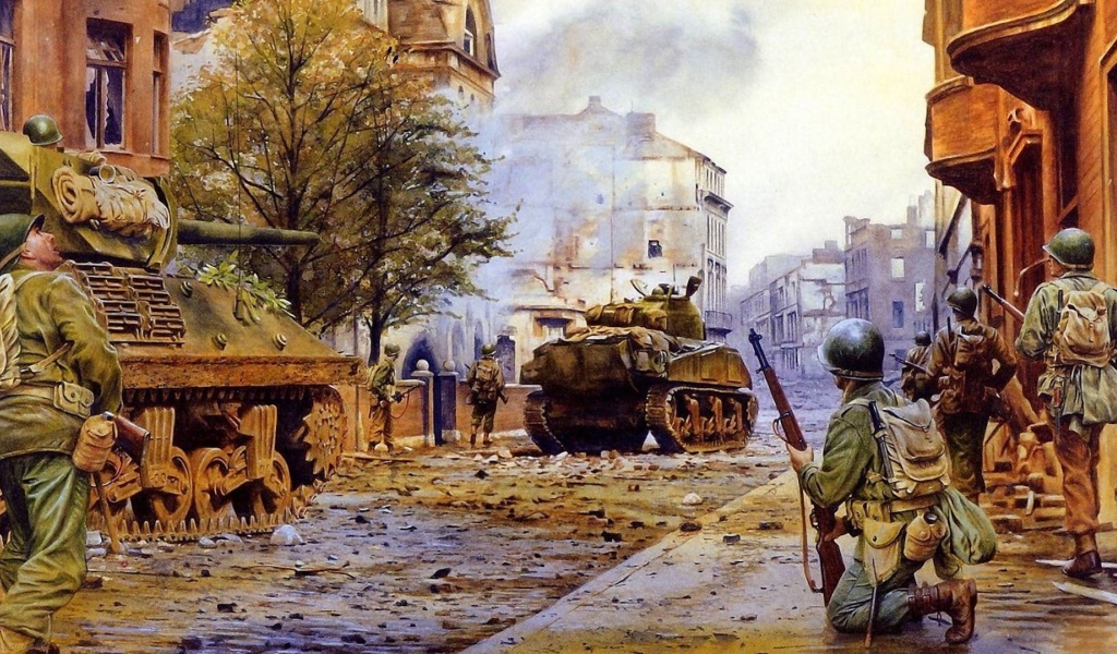 War Americans Tanks City Ruins Devastation Soldiers Battle Sherman Street Smoke Buildings Military Other