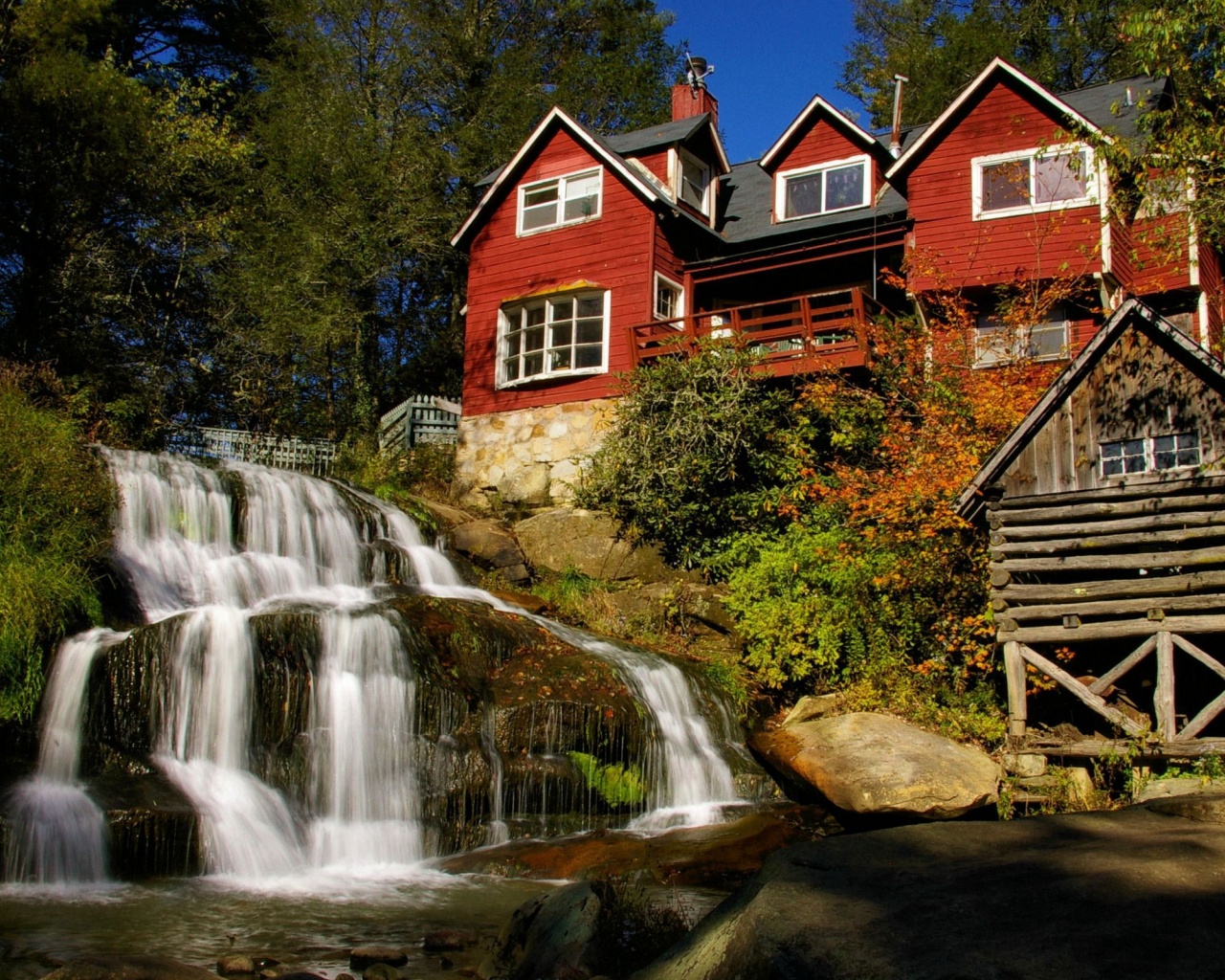 Waterfall Architecture Flowers House Leaves Nature River Rocks Sky Trees Waterfall