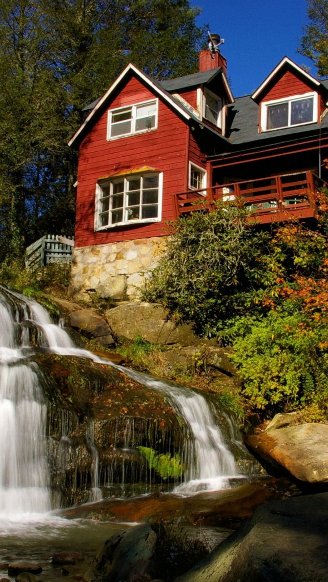 Waterfall Architecture Flowers House Leaves Nature River Rocks Sky Trees Waterfall