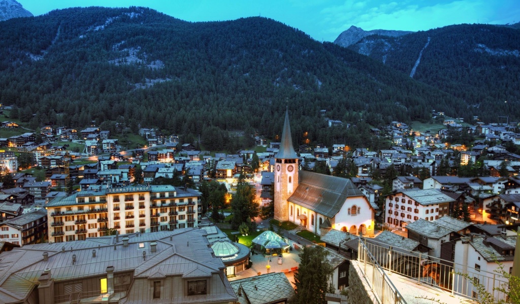 Zermatt Switzerland Mountains Buildings Houses Church Landscape Panorama