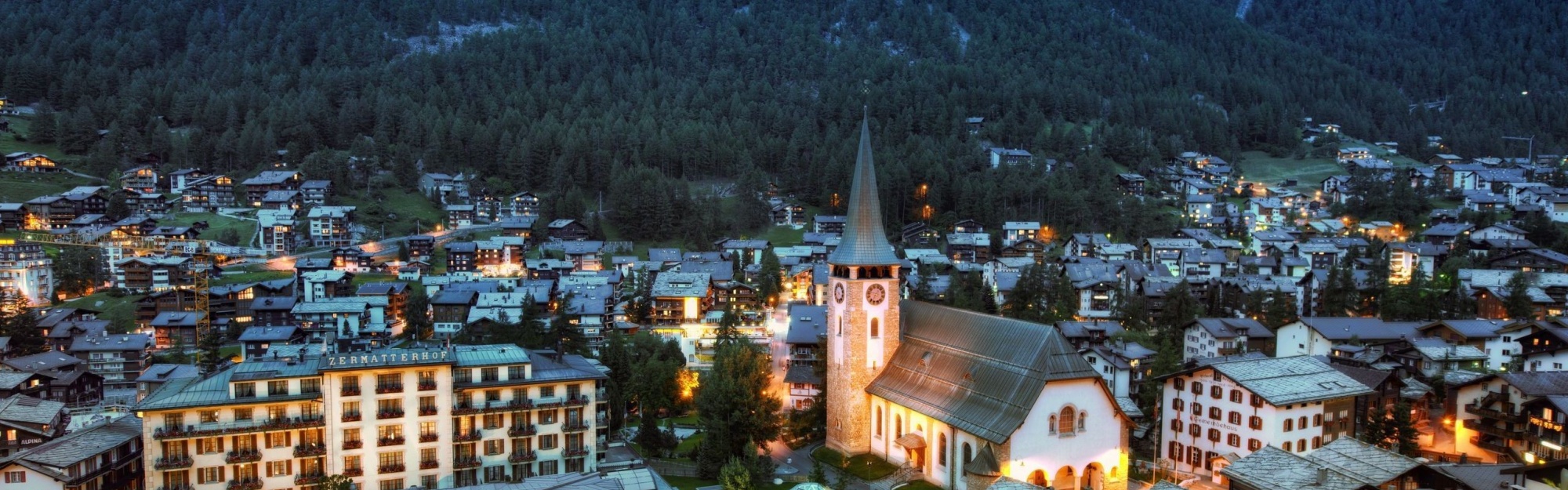 Zermatt Switzerland Mountains Buildings Houses Church Landscape Panorama