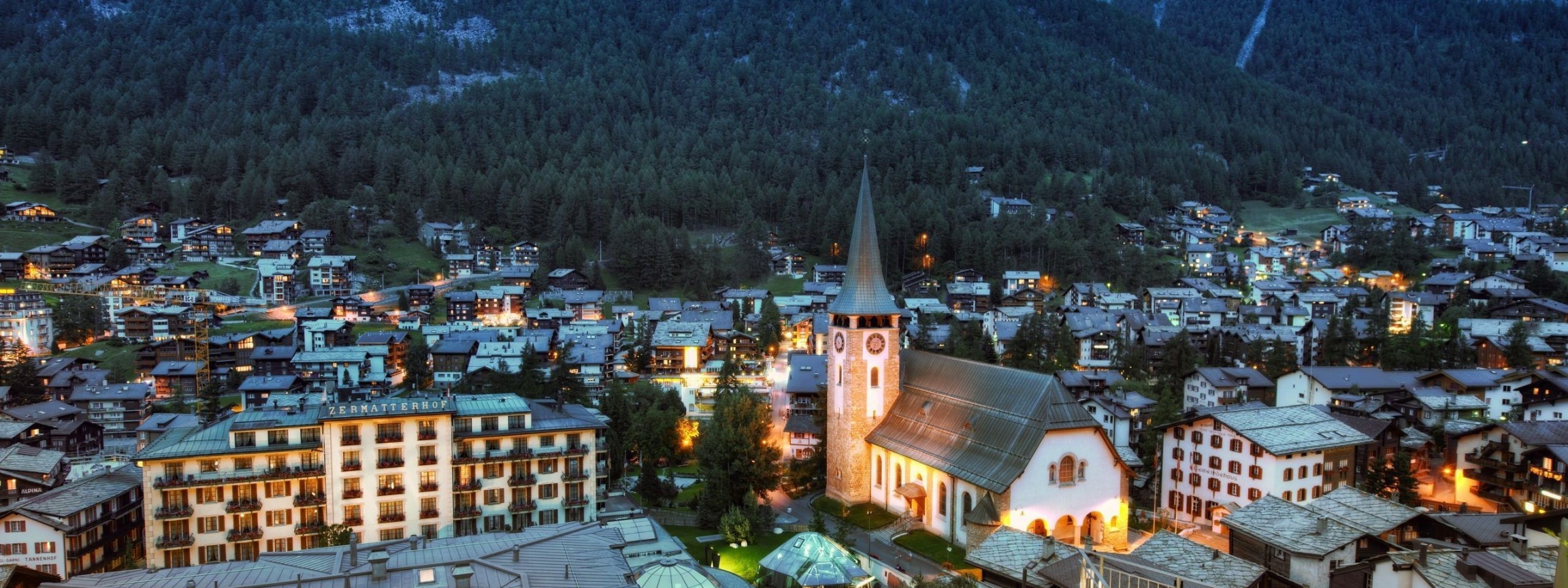 Zermatt Switzerland Mountains Buildings Houses Church Landscape Panorama